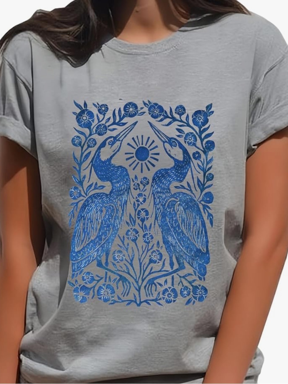 Gray Tee with Blue Heron Graphic